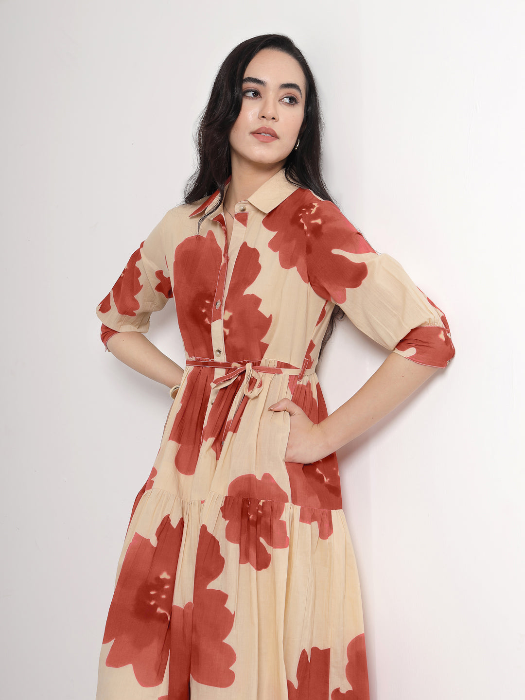 Beige Bloom Midi Dress