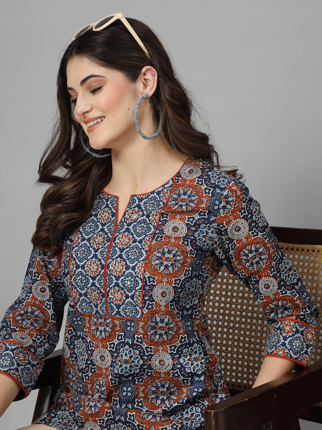 Blue Printed Staright Cotton Top