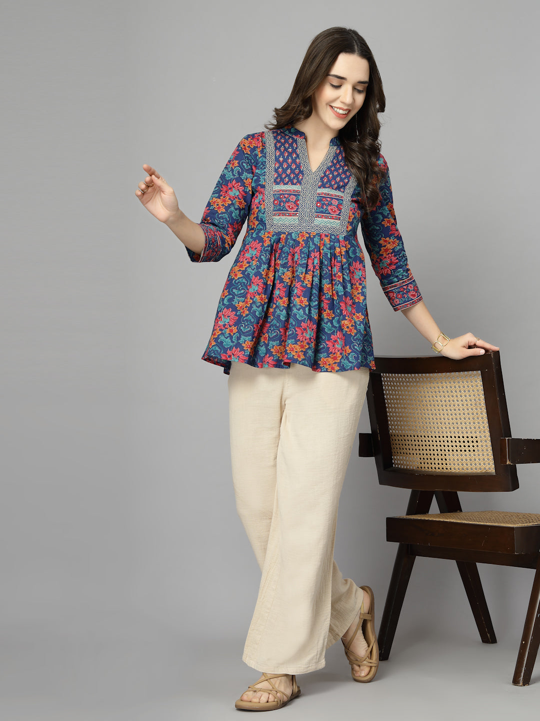 Floral Print Mandarin Collar Cotton Top