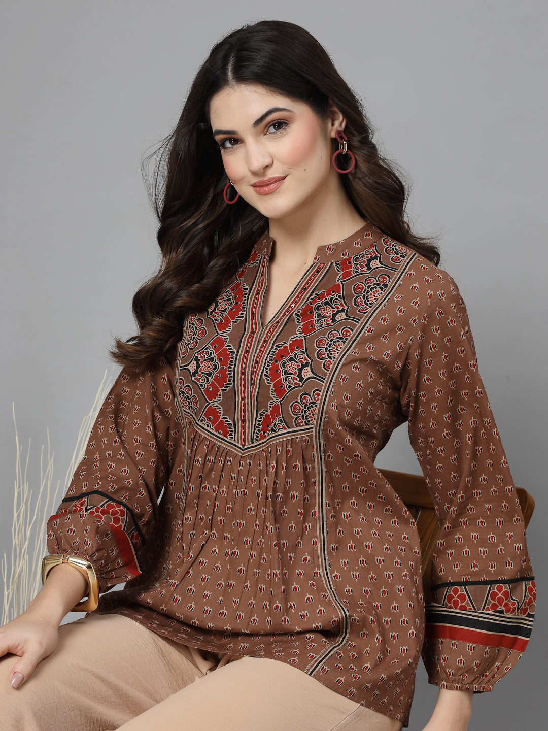 Rust Print Mandarin Collar Empire Pure Cotton Top