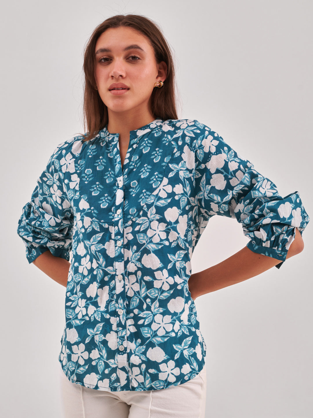 Floral Print Cotton Shirt Style Top