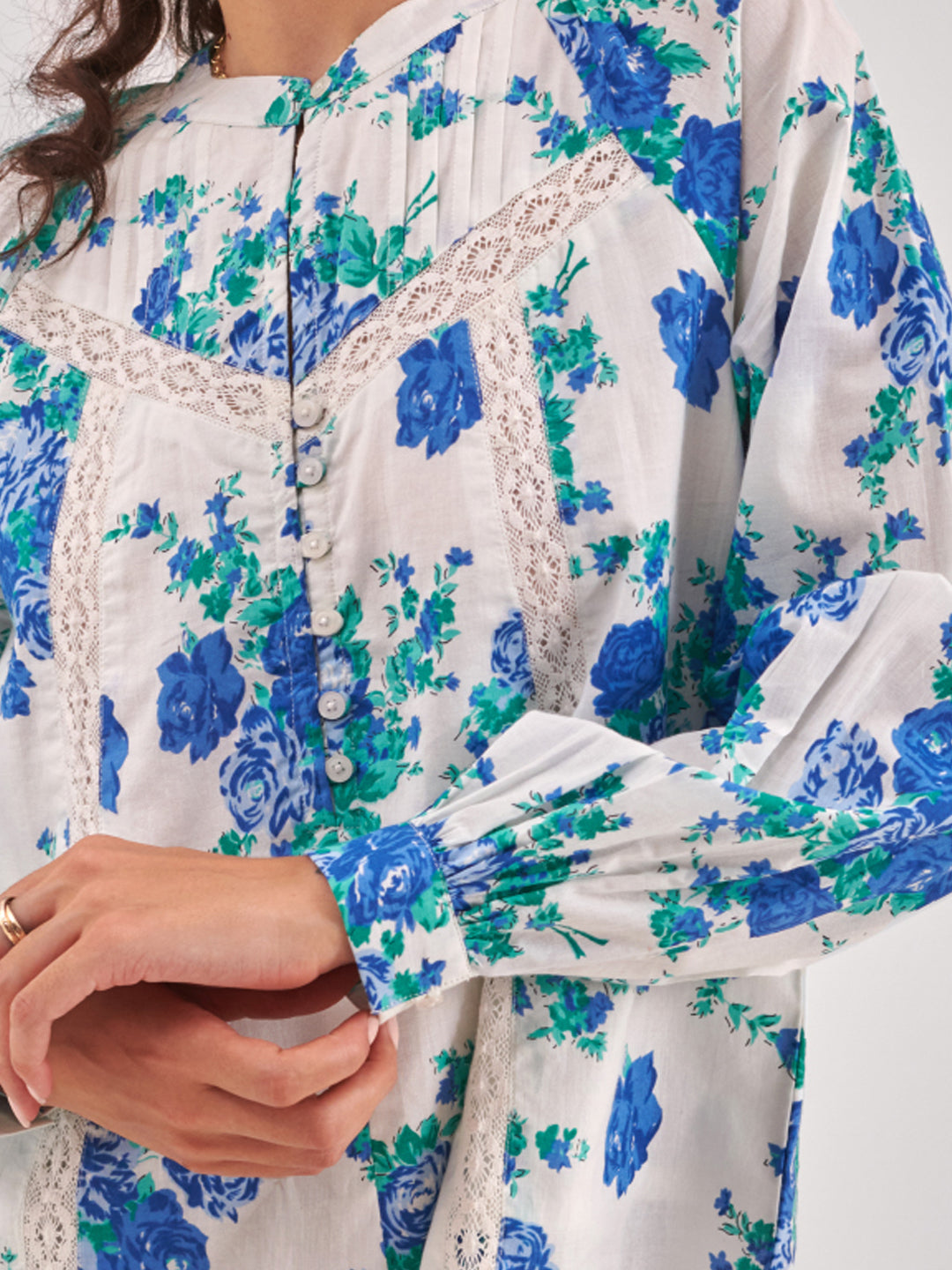 Rose print lace insert Top