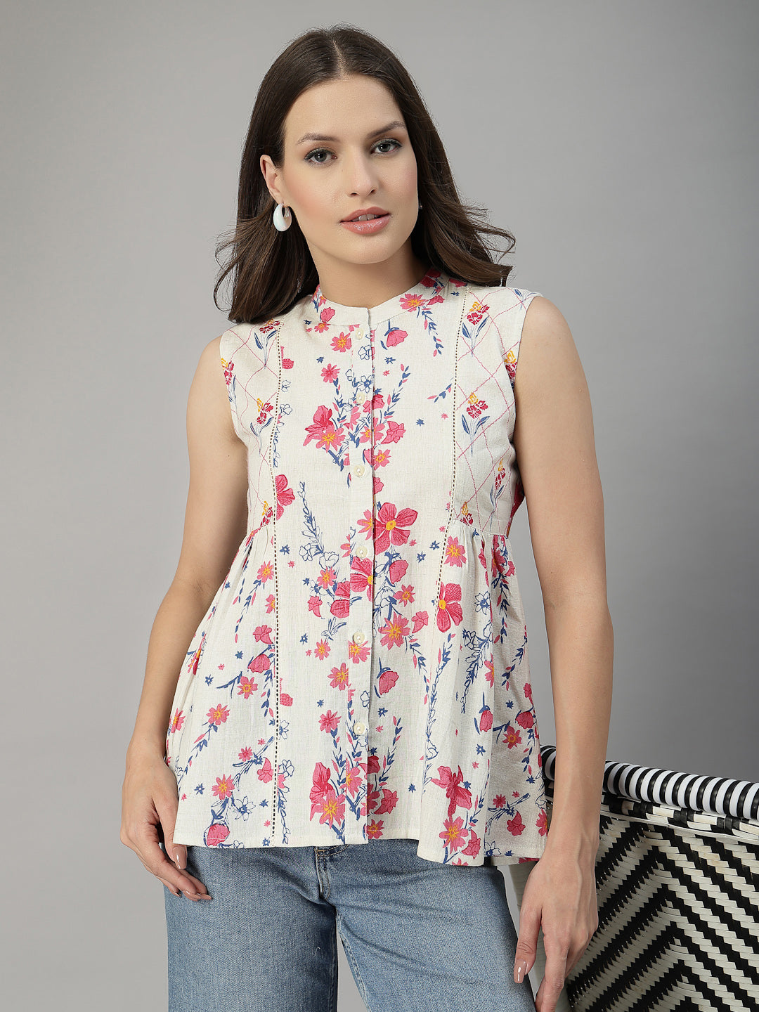 Pink Floral Sleeveless Cotton Top