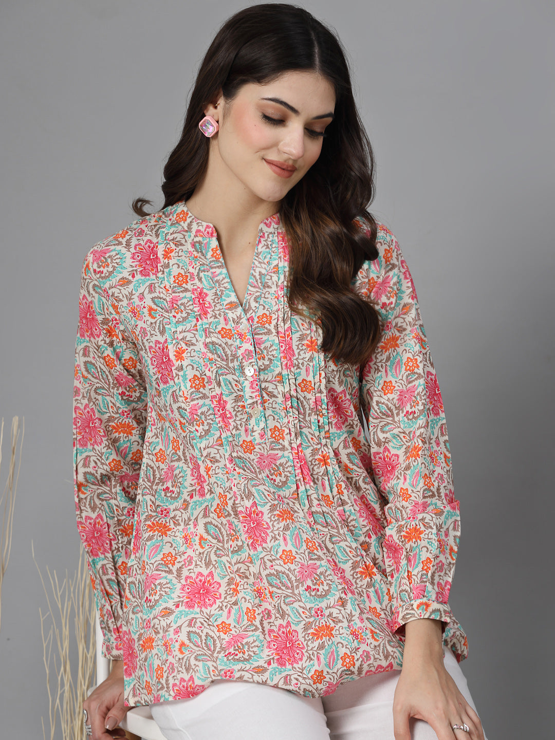 Pink Floral Print Mandarin Collar Long Sleeves Pintucks Top