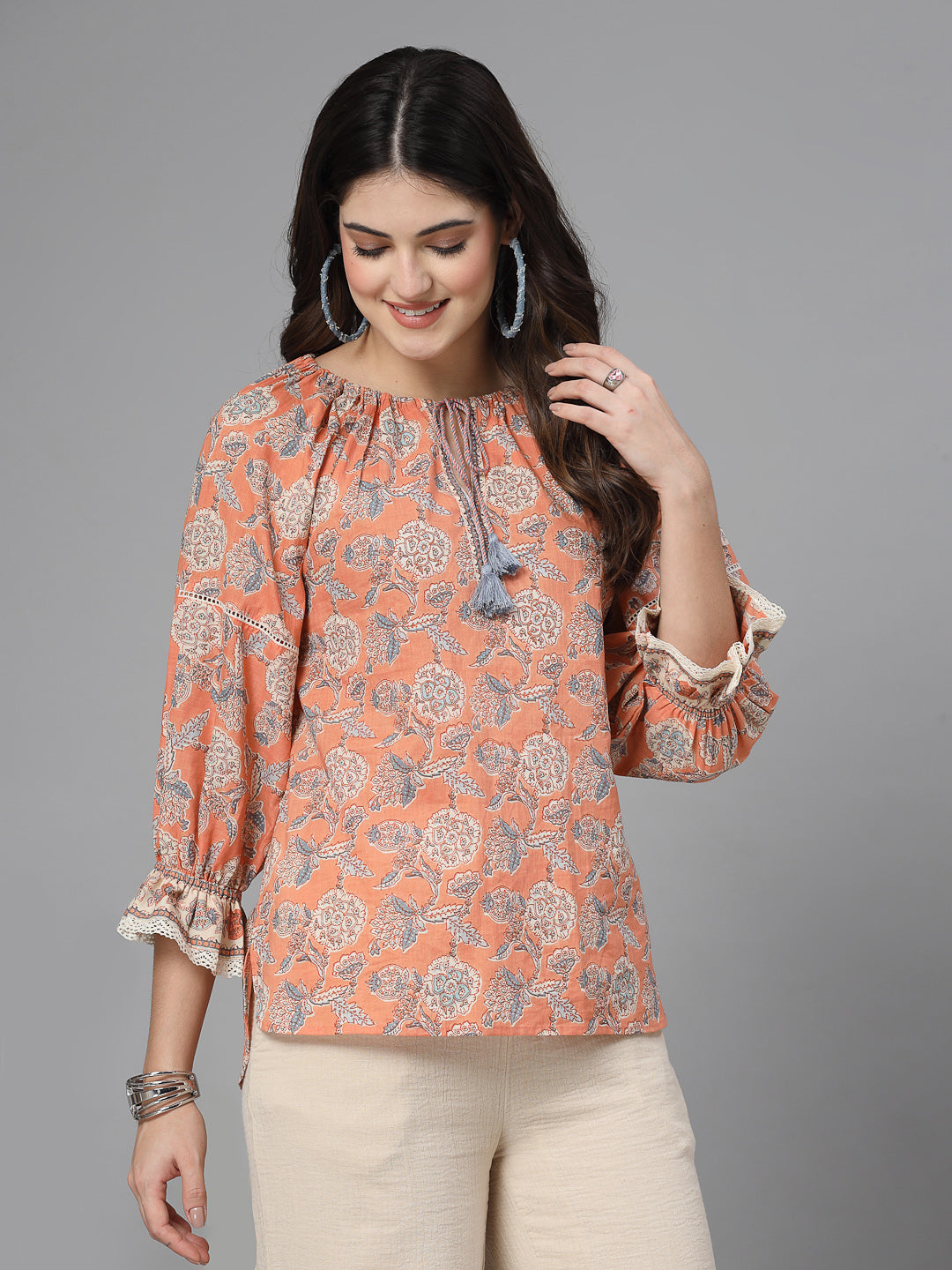 Floral print puff sleeve cotton top