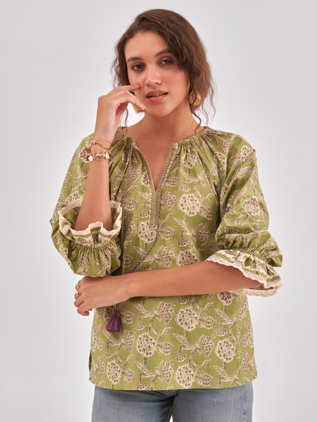 Floral print puff sleeve cotton top