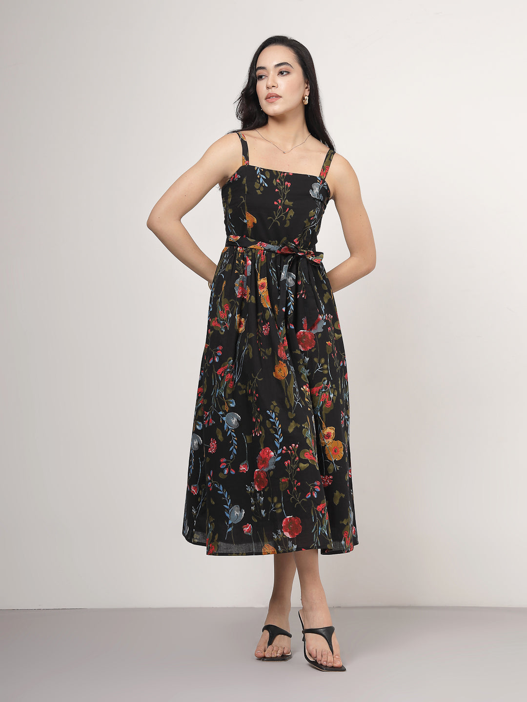 Black Multi-Floral Midi Cotton Dress