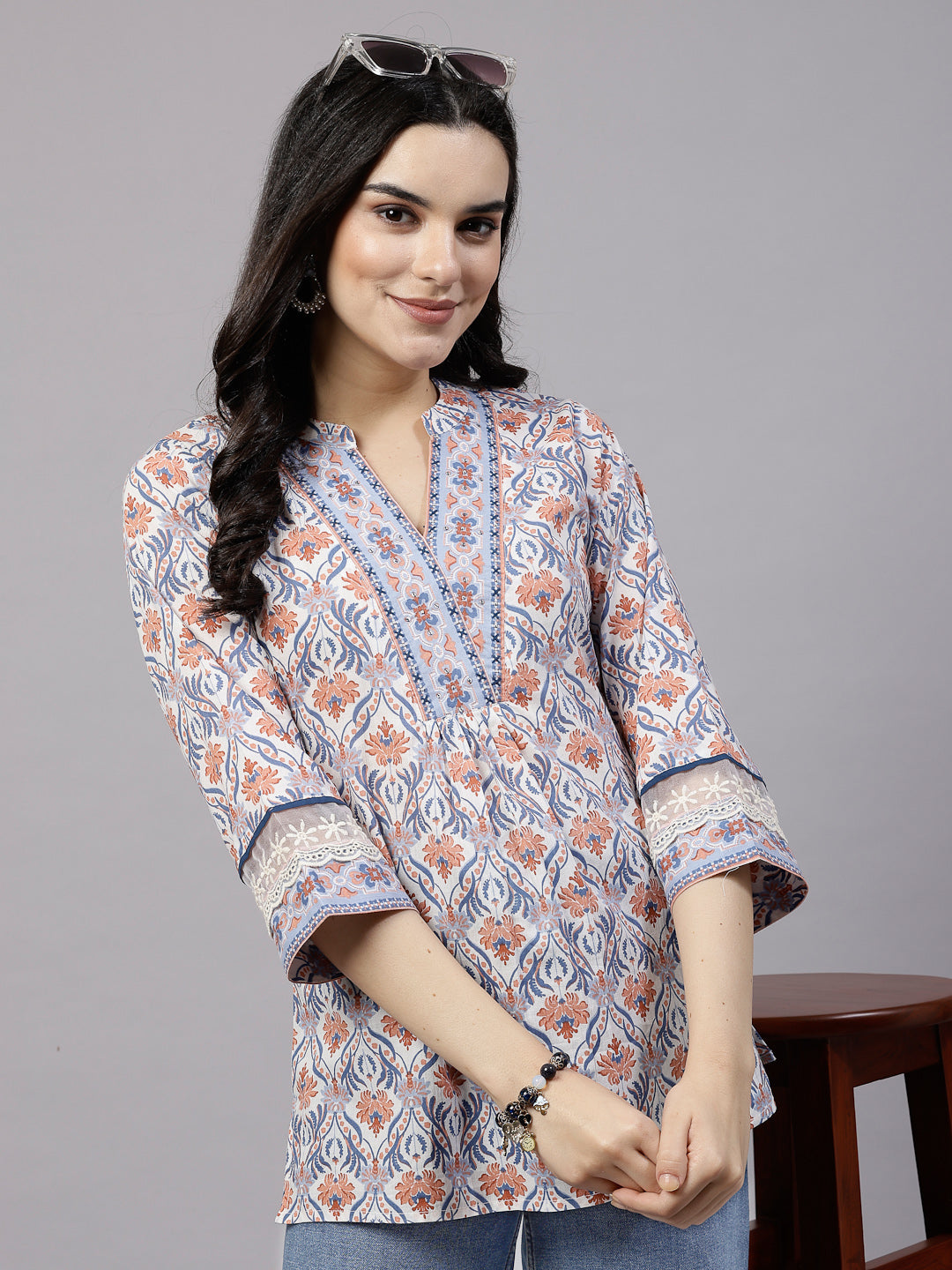 Blue Printed Top with lace detail