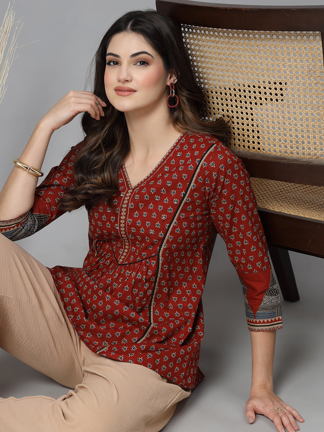 Red Printed V-Neck Gathered Pure Cotton Empire Top