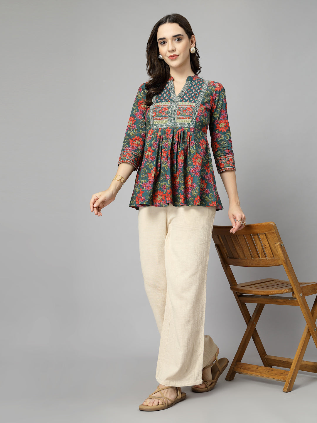Floral Print Mandarin Collar Cotton Top