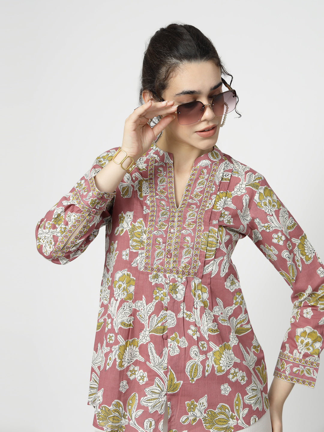 Floral Print Cotton Pintucks Top