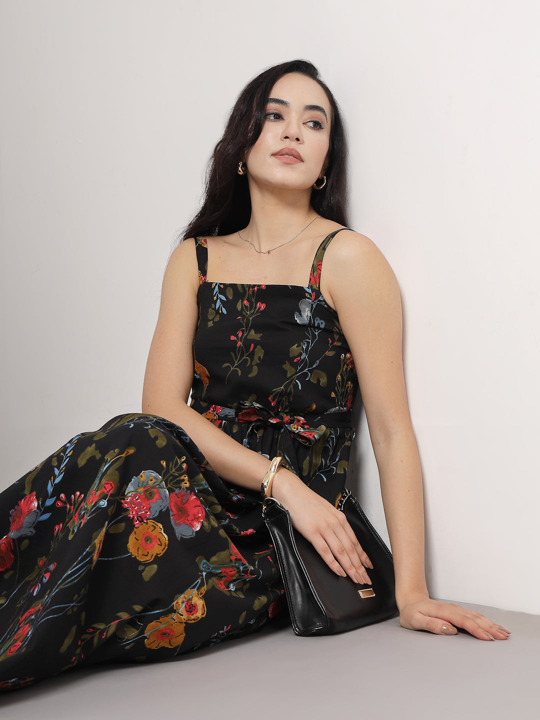 Black Multi-Floral Midi Cotton Dress