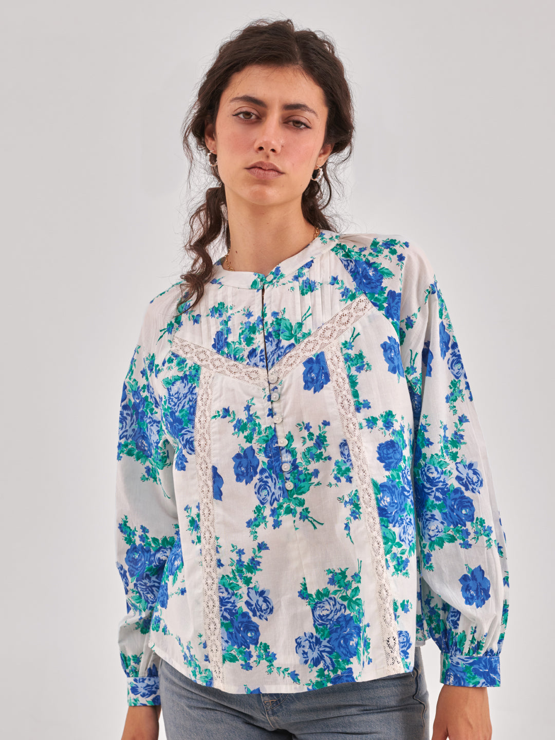 Rose print lace insert Top