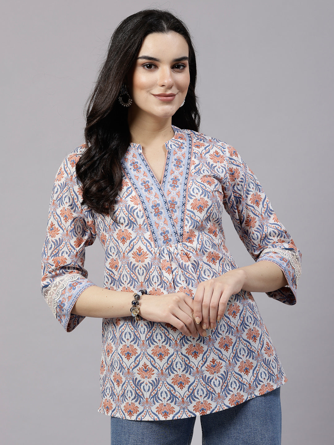 Blue Printed Top with lace detail