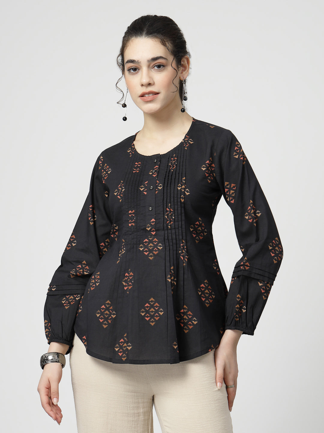 Print Cotton Pintucks Top