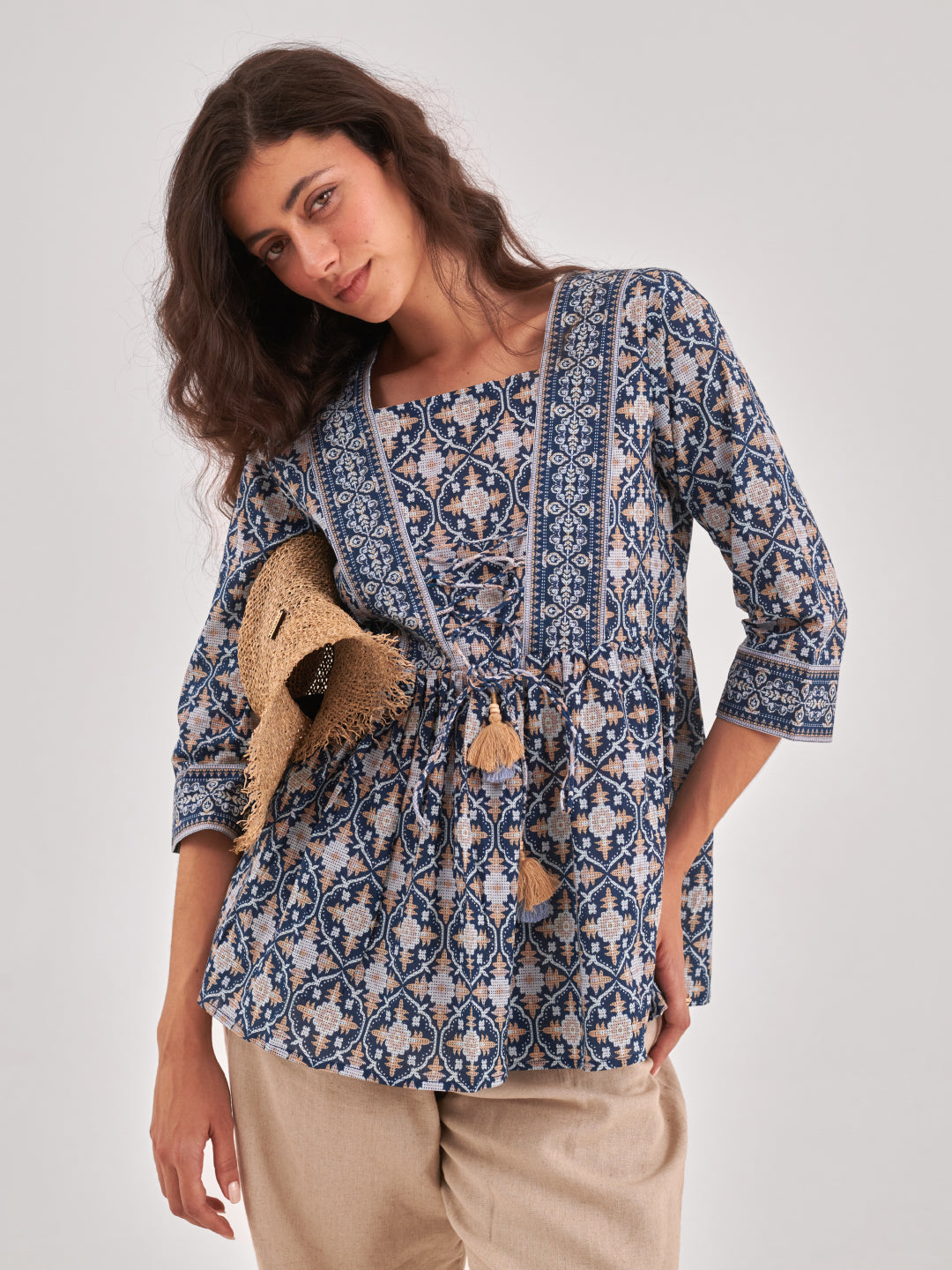 Navy Blue Printed top with gathers and tie up detail