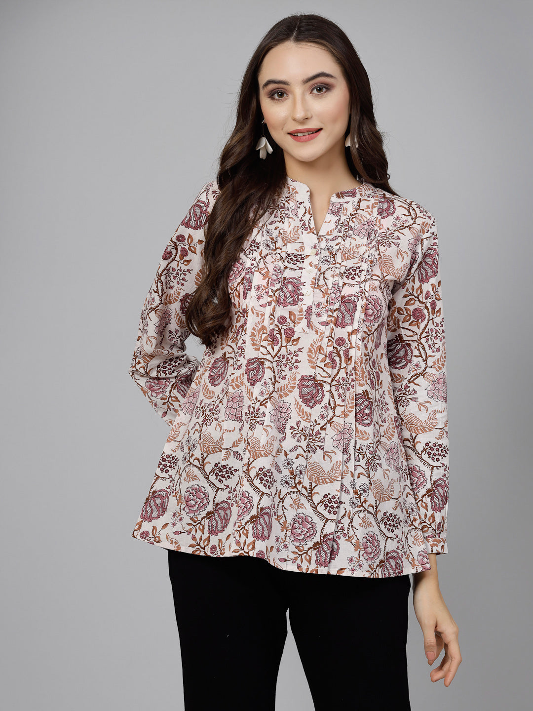 Offwhite printed top with pintucks detail