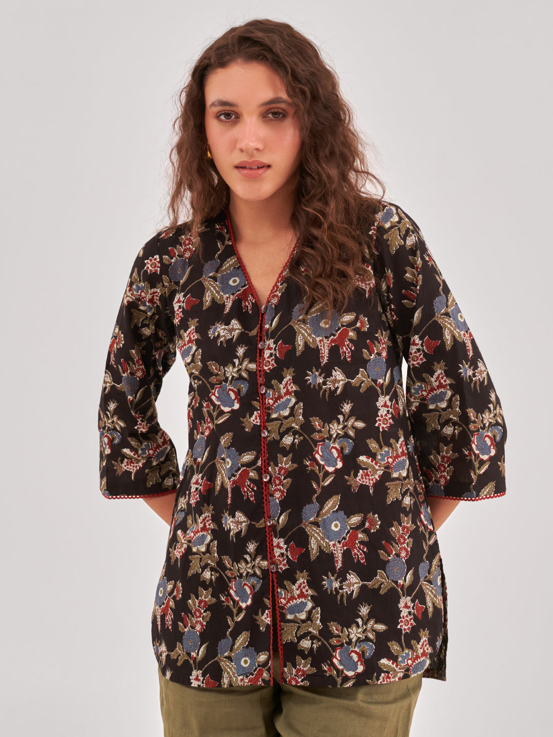 Floral Print Cotton Shirt Style Top