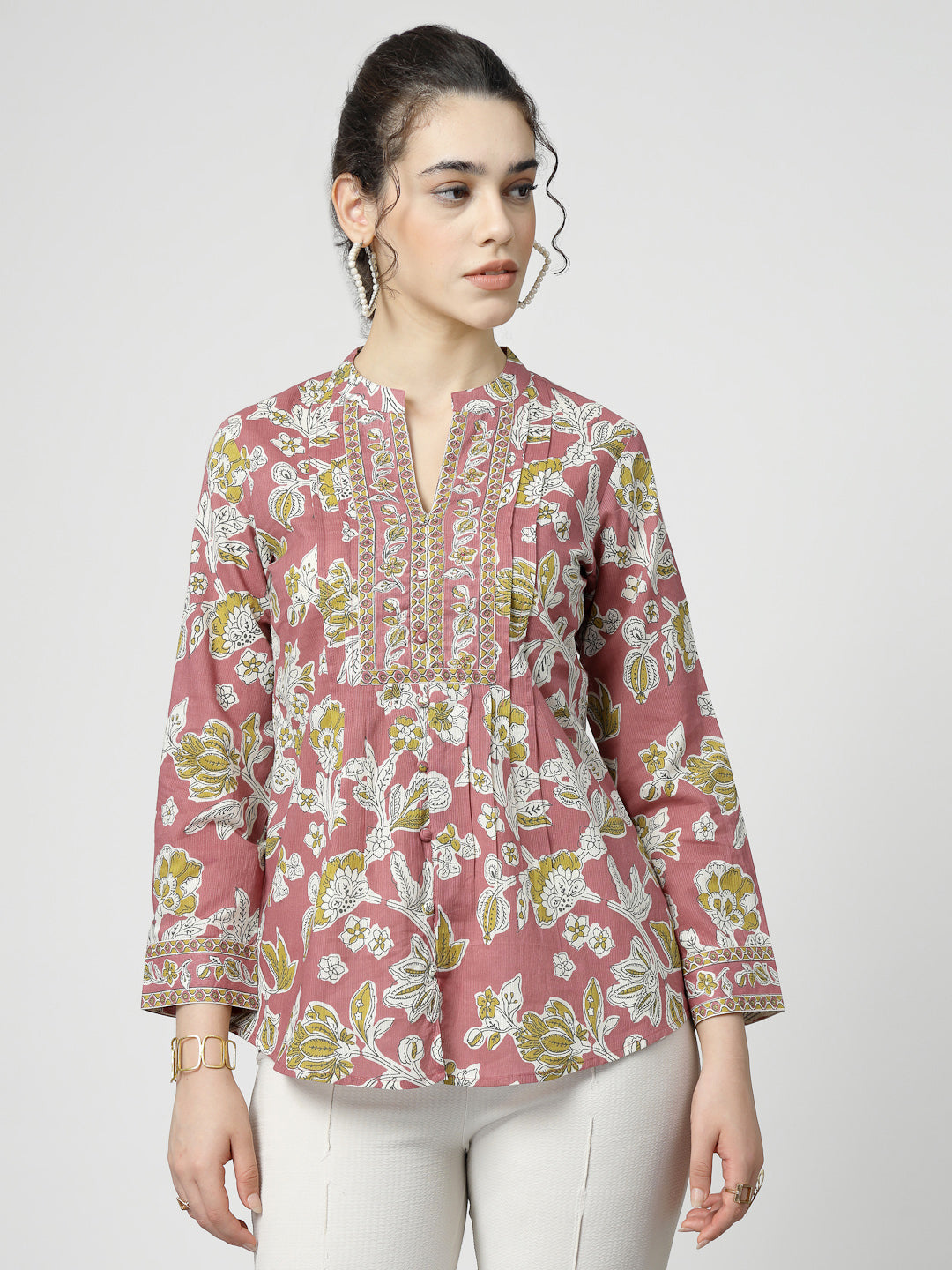 Floral Print Cotton Pintucks Top