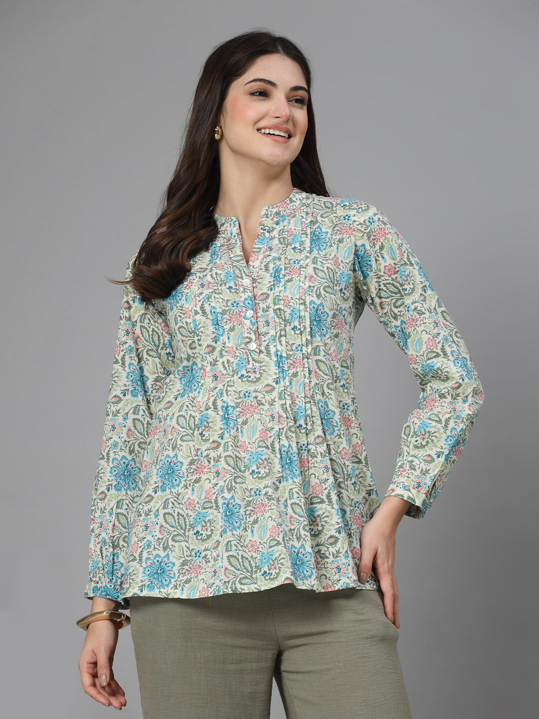 Blue Floral Print Mandarin Collar Long Sleeves Pintucks Top