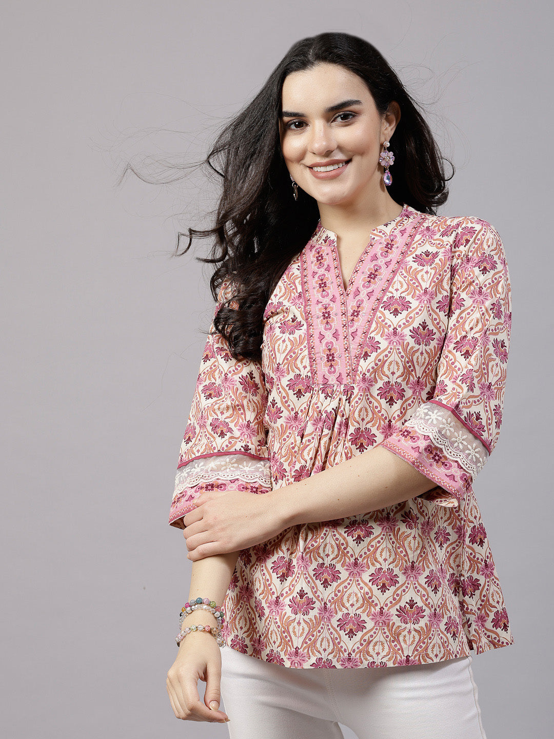 Pink Printed Top with lace detail