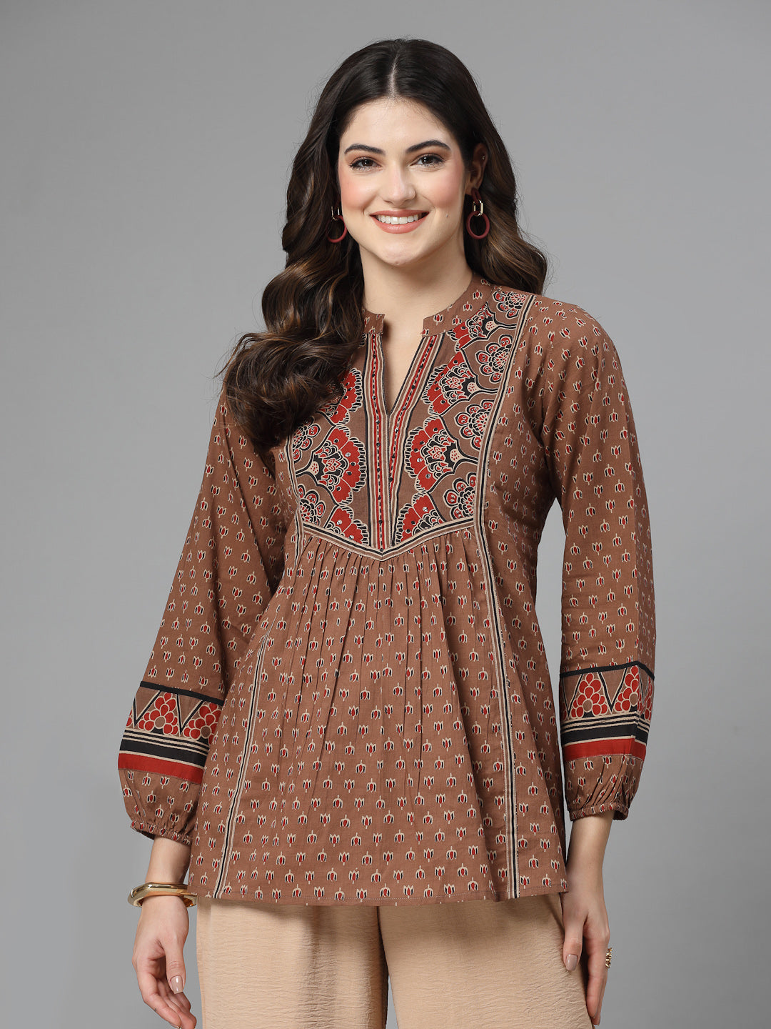 Rust Print Mandarin Collar Empire Pure Cotton Top