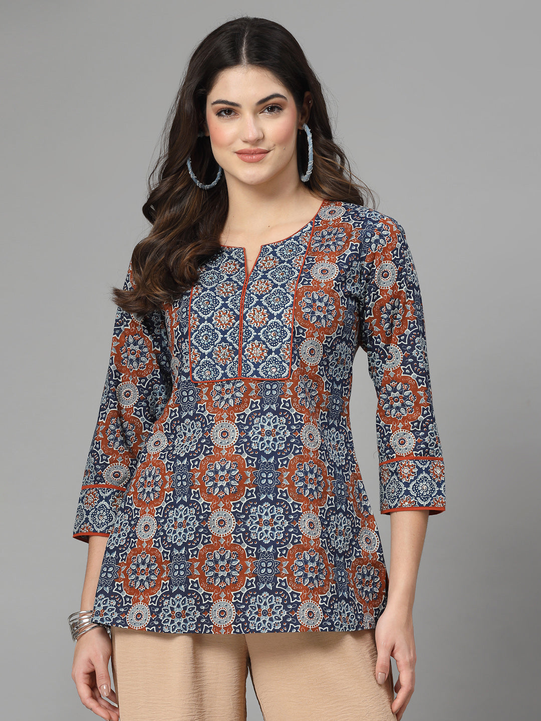 Blue Printed Staright Cotton Top