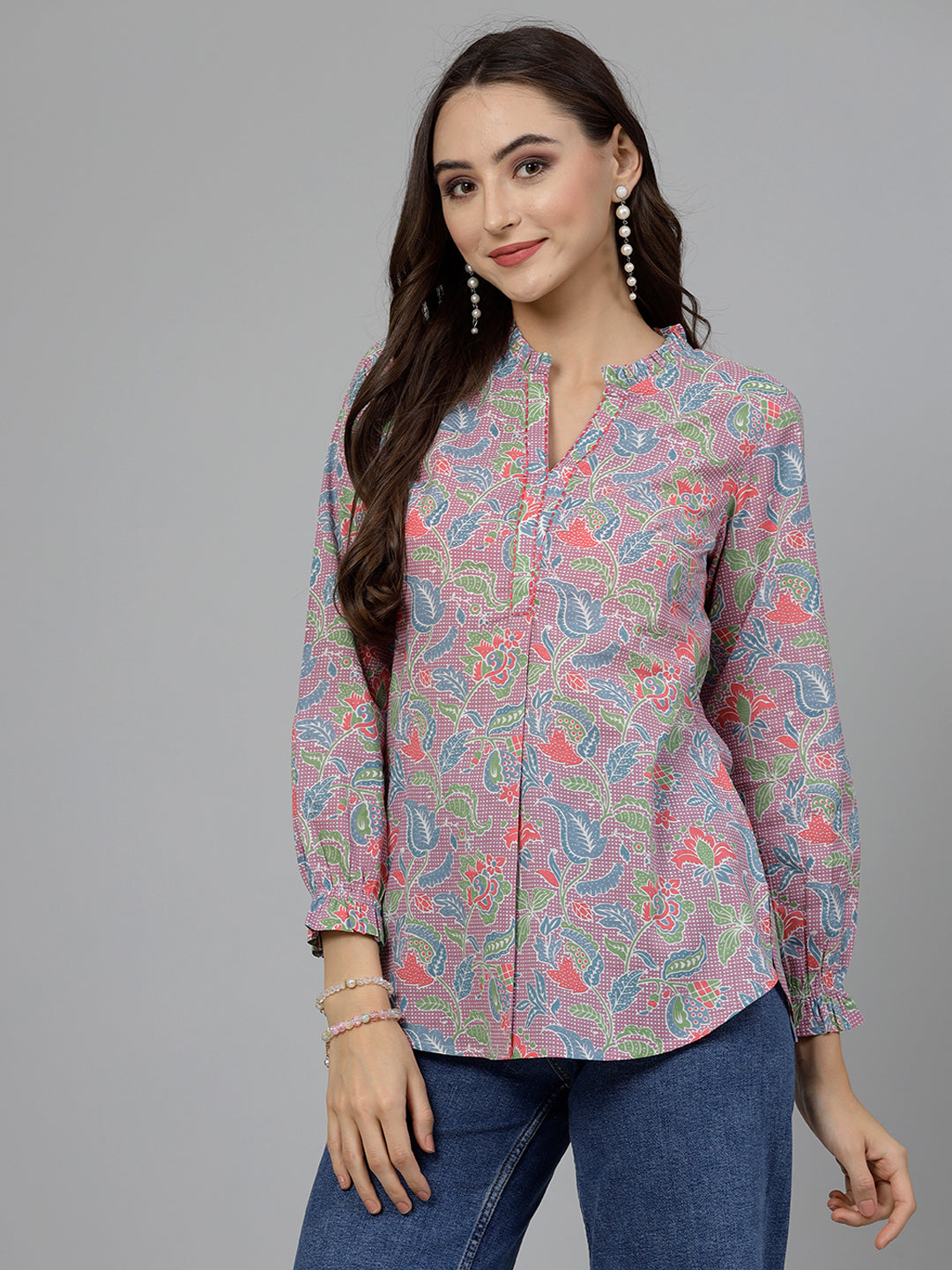 Mauve floral printed shirt style top