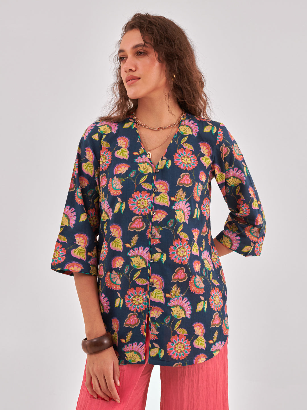 Floral Print Cotton Shirt Style Top