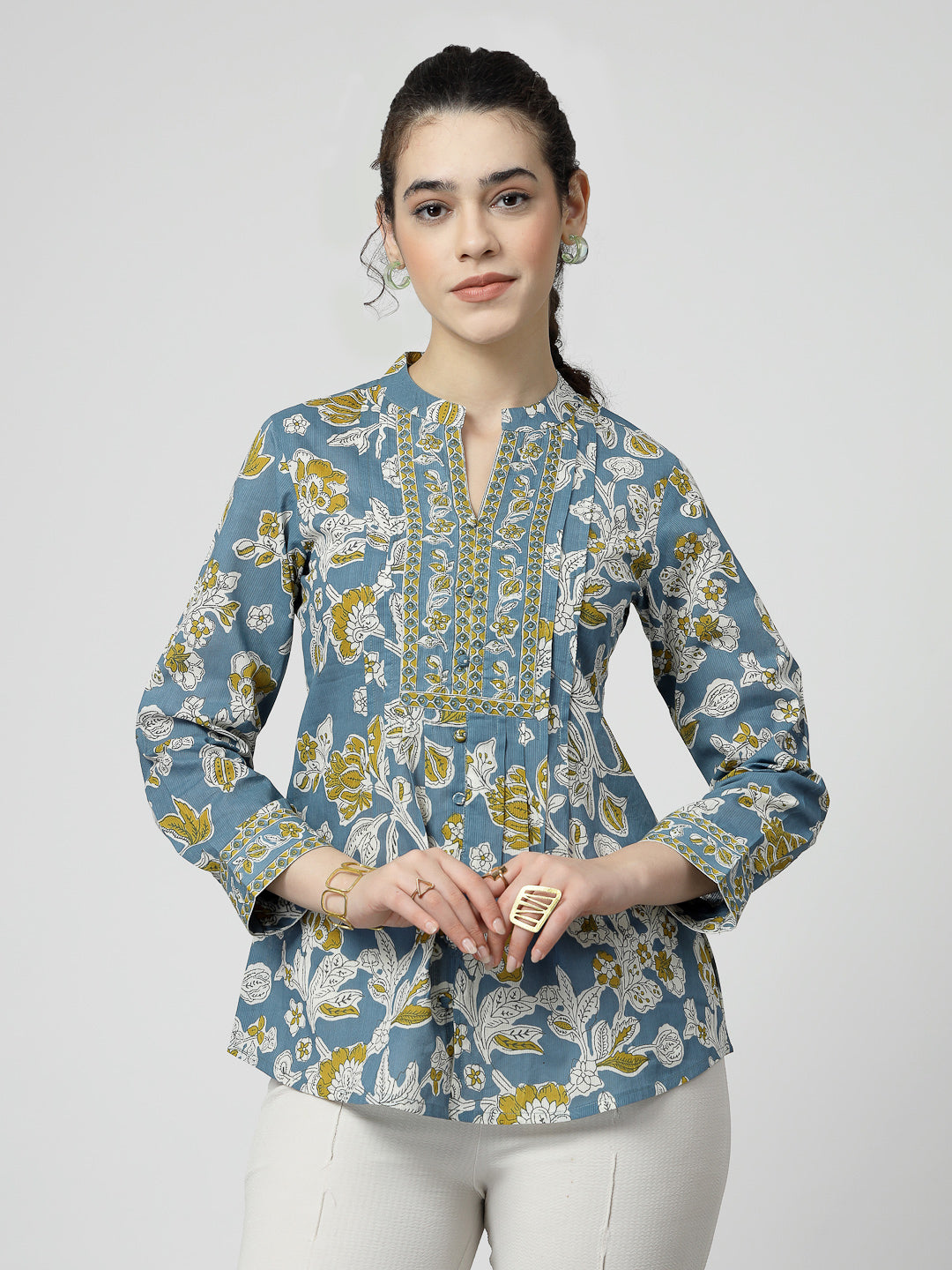 Floral Print Cotton Pintucks Top