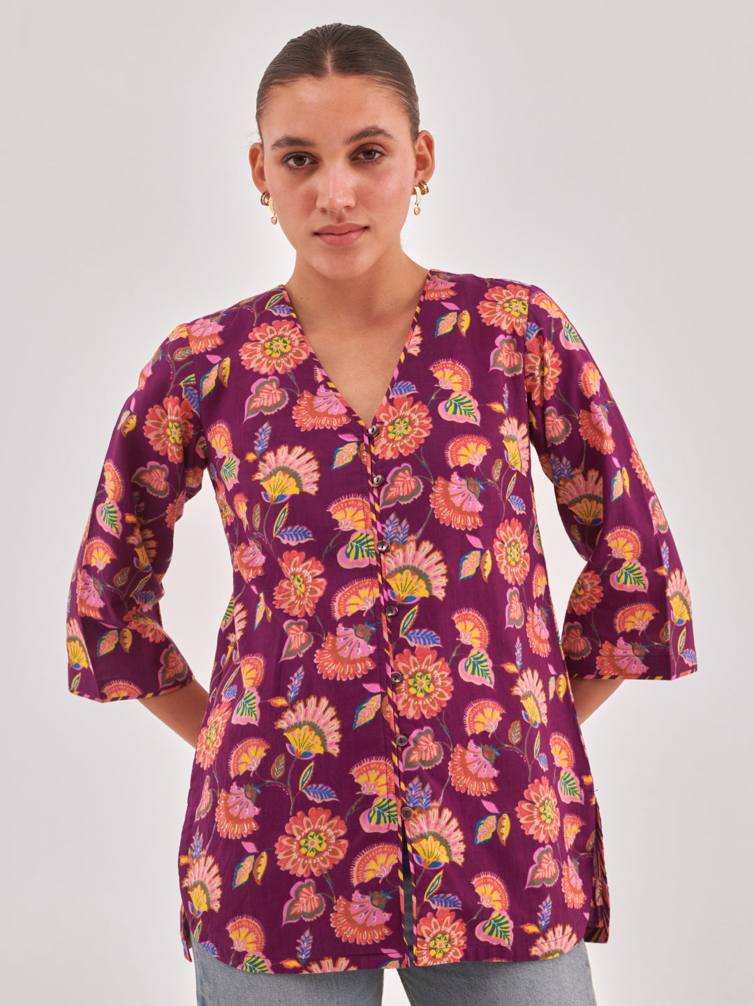 Floral Print Cotton Shirt Style Top