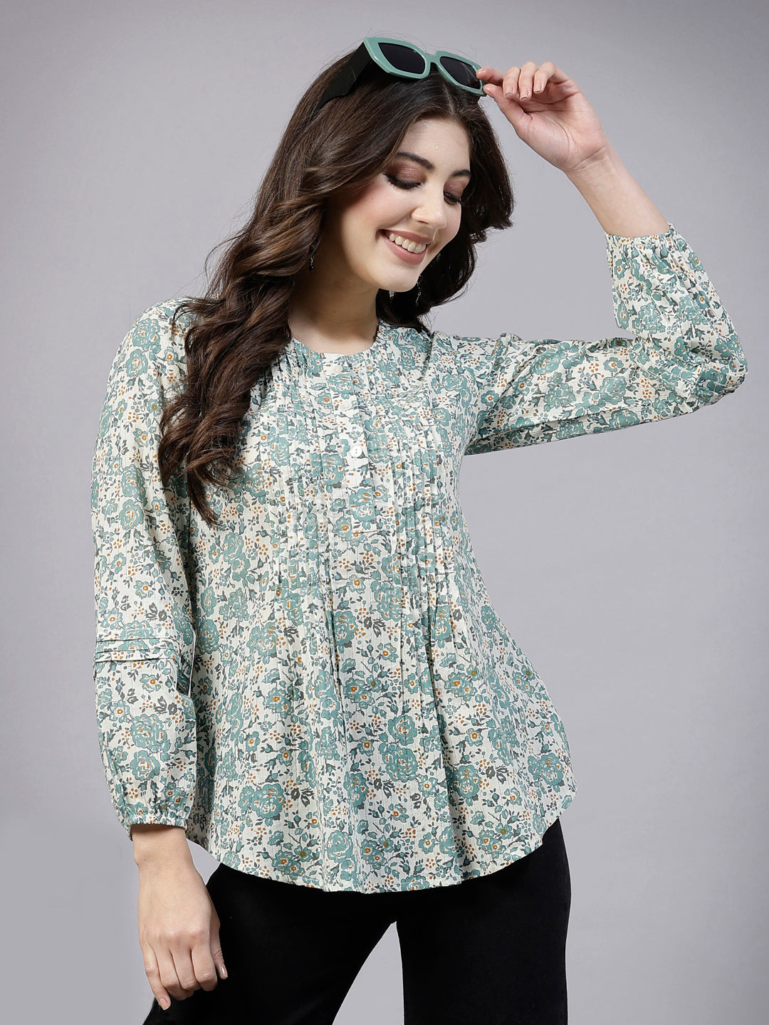 Green Ditsy Floral Print Top