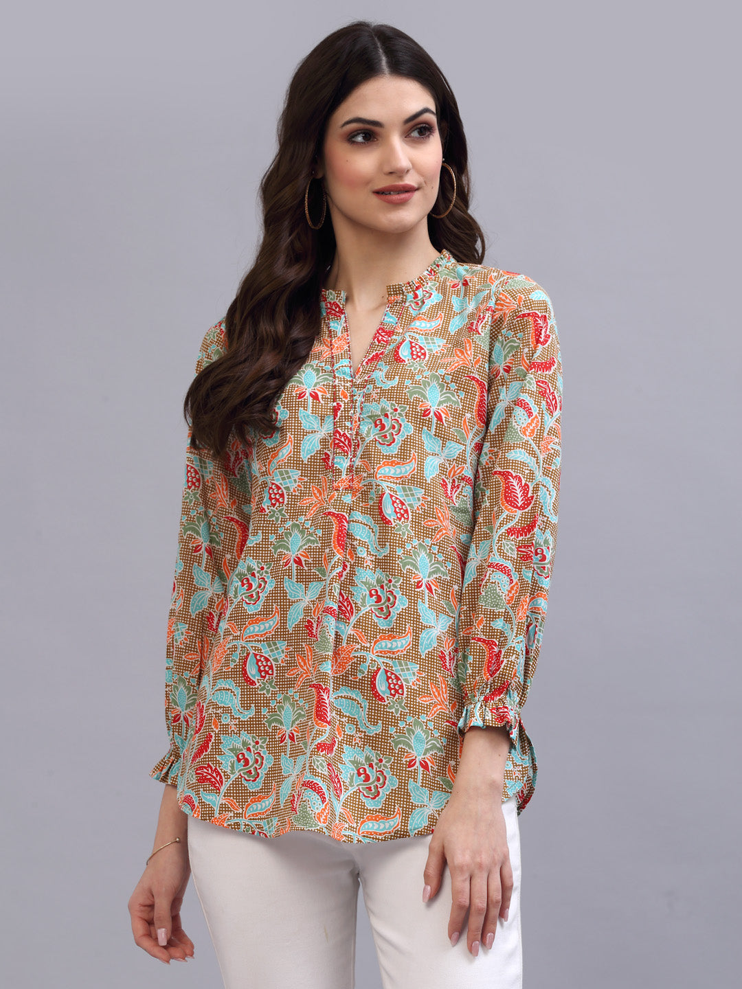Khaki floral printed top with ruffles