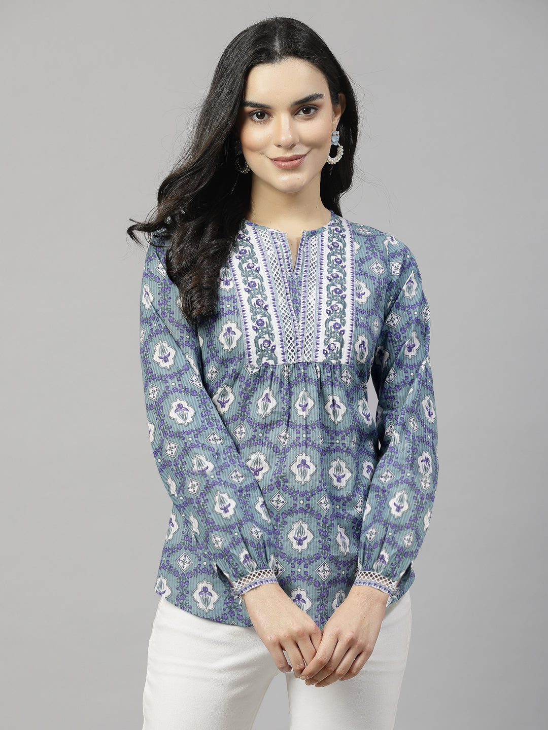 Pastel Green floral printed Top with lace inserts
