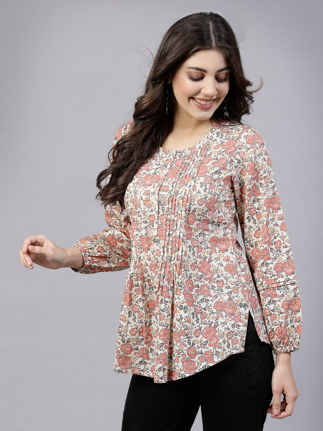 Peach Ditsy Floral Print Top