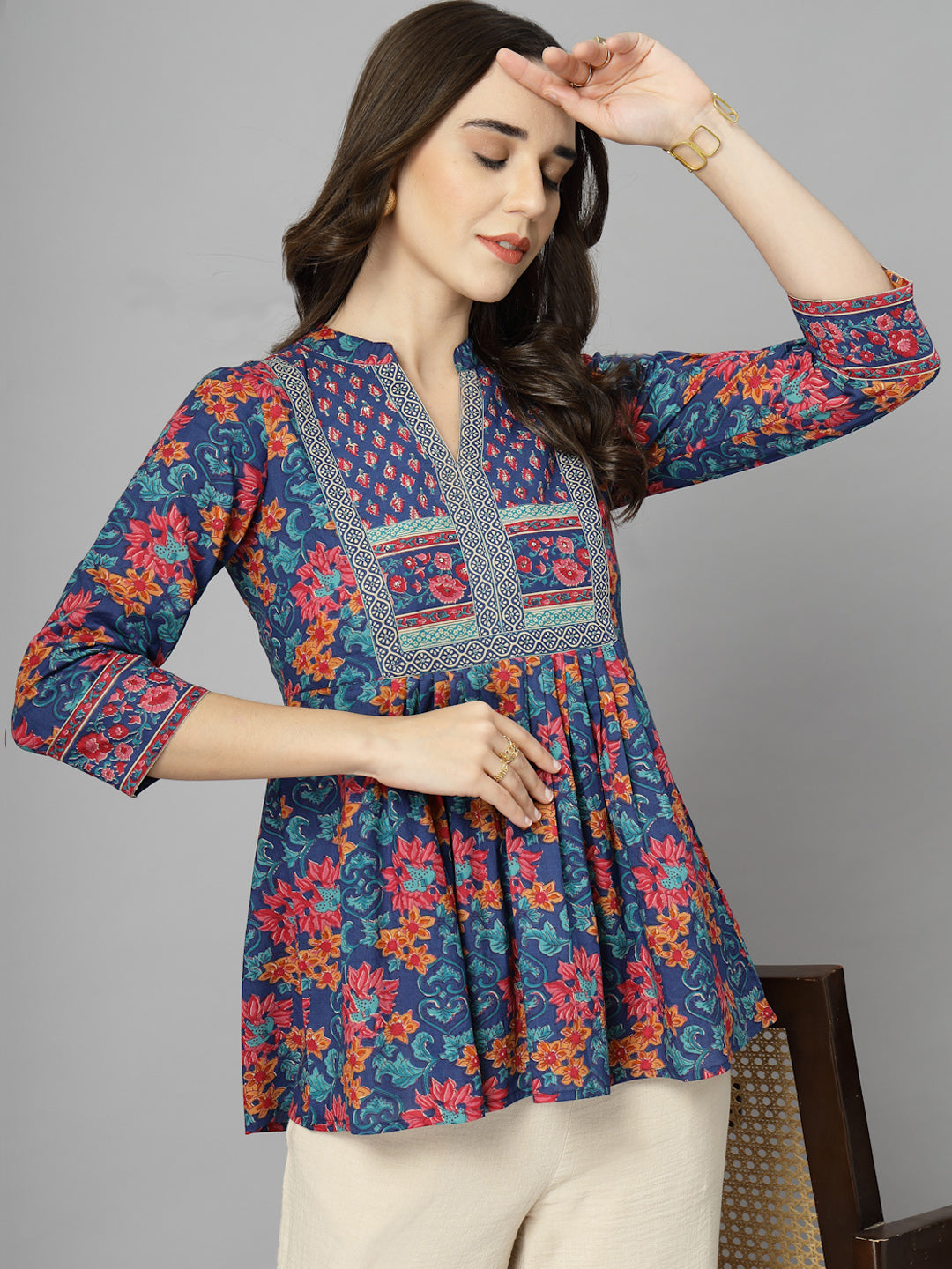 Floral Print Mandarin Collar Cotton Top
