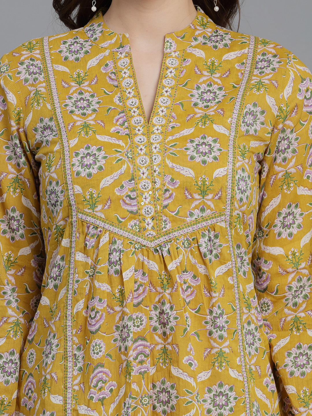Ethnic Motifs Printed Mandarin Collar Pure Cotton Top