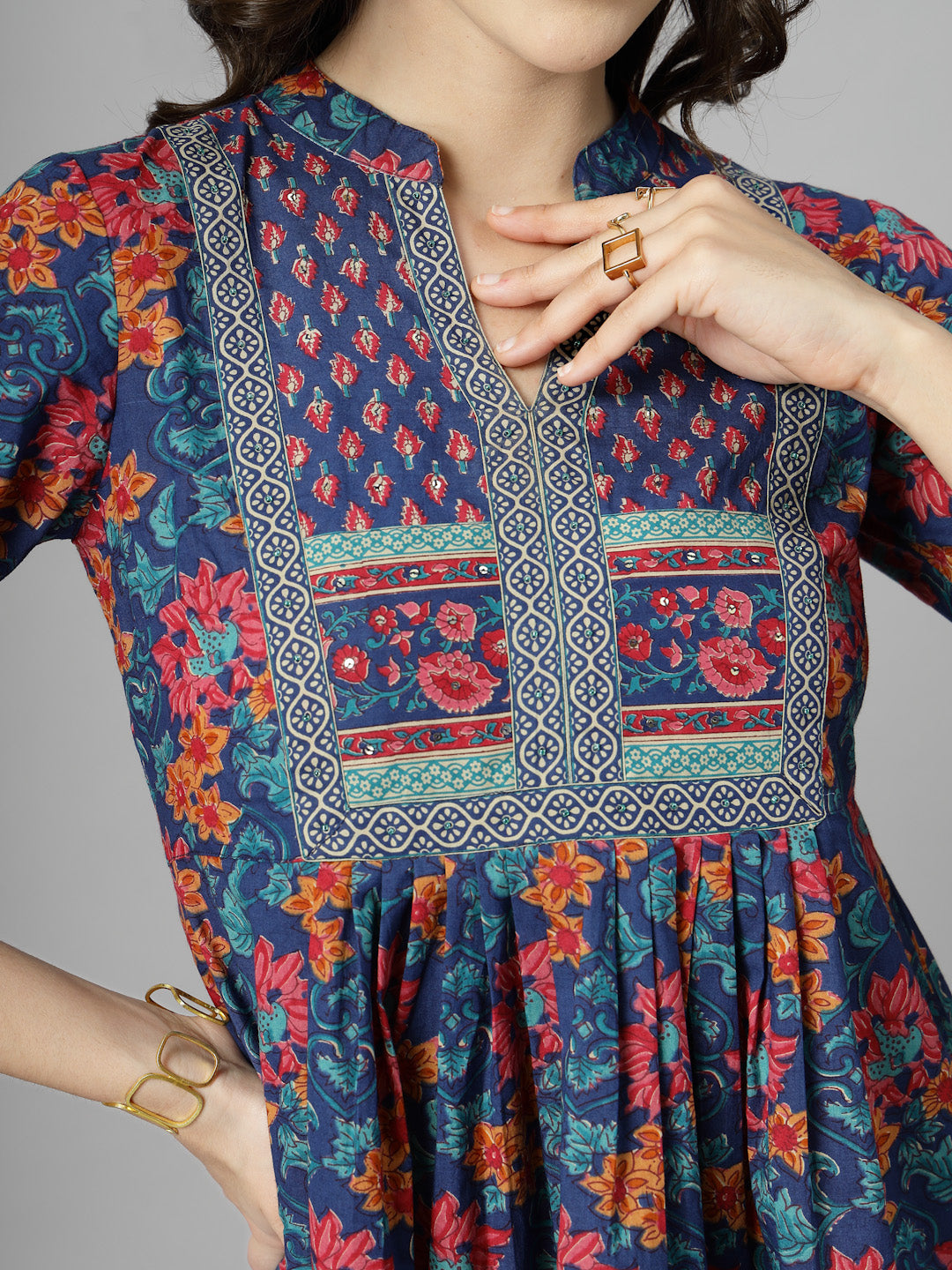 Floral Print Mandarin Collar Cotton Top