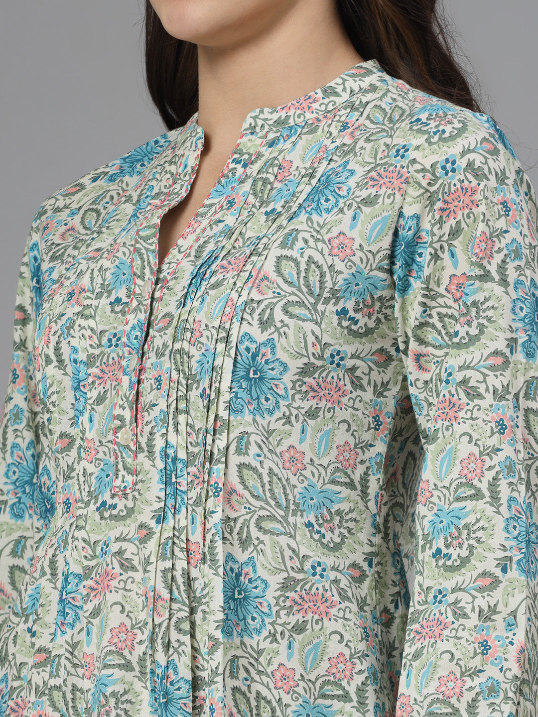 Blue Floral Print Mandarin Collar Long Sleeves Pintucks Top