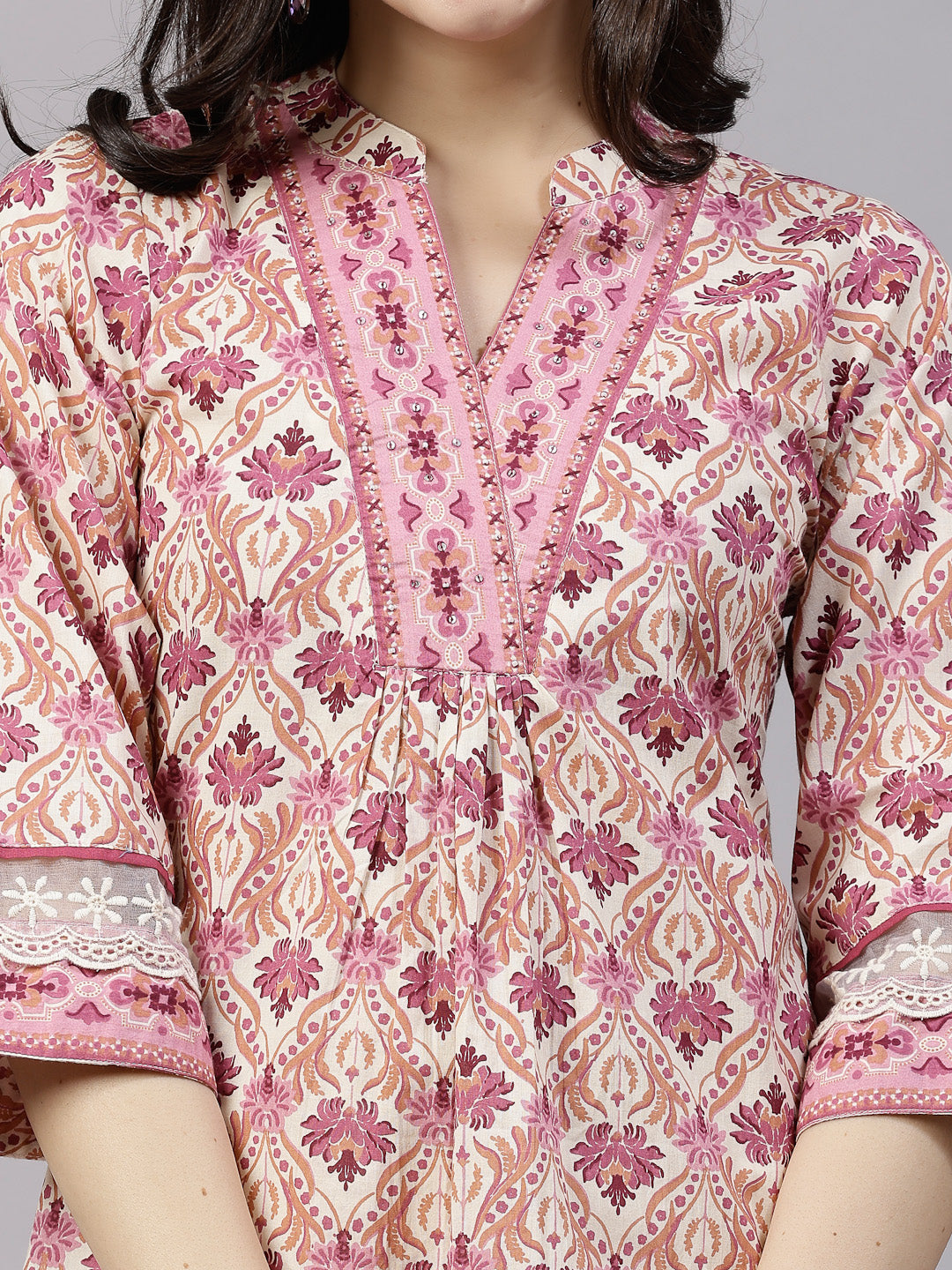 Pink Printed Top with lace detail