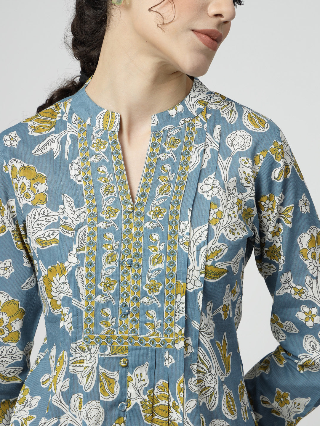 Floral Print Cotton Pintucks Top