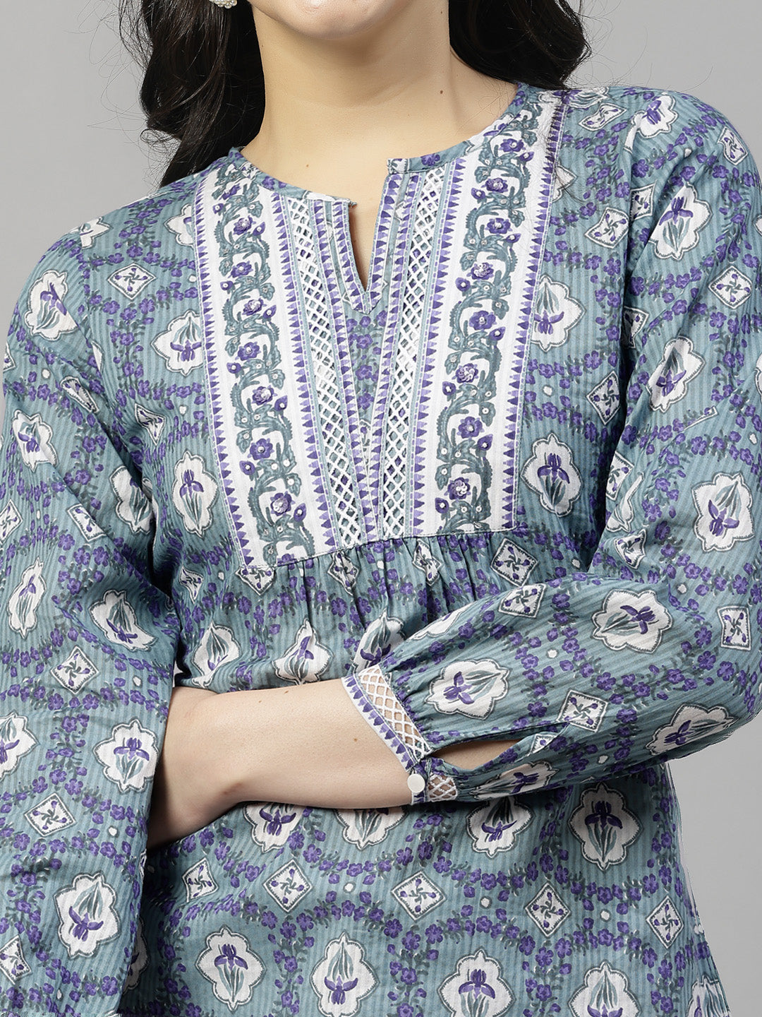 Pastel Green floral printed Top with lace inserts