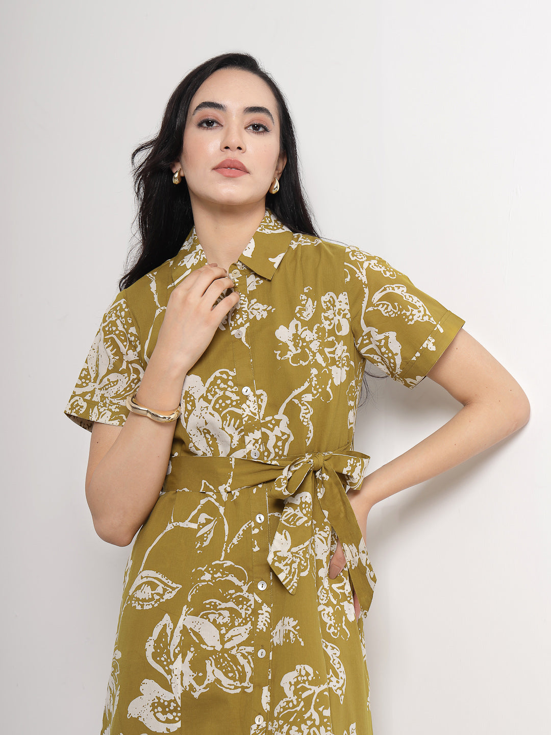 Olive Botanical Print midi Dress