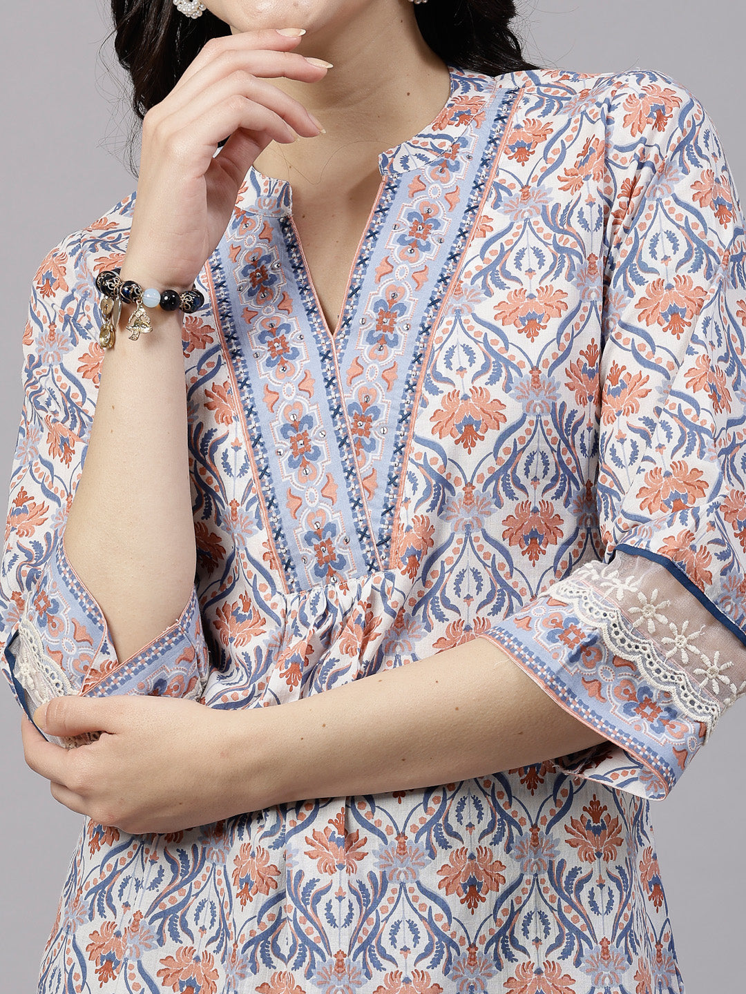 Blue Printed Top with lace detail