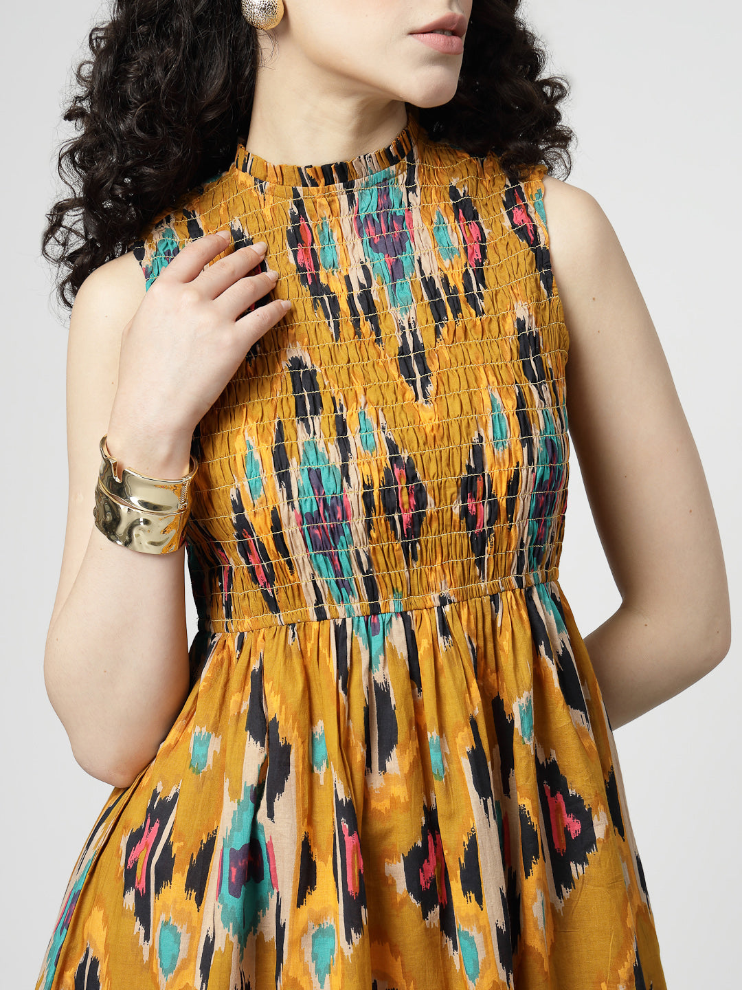 Ikat Print smocking midi dress