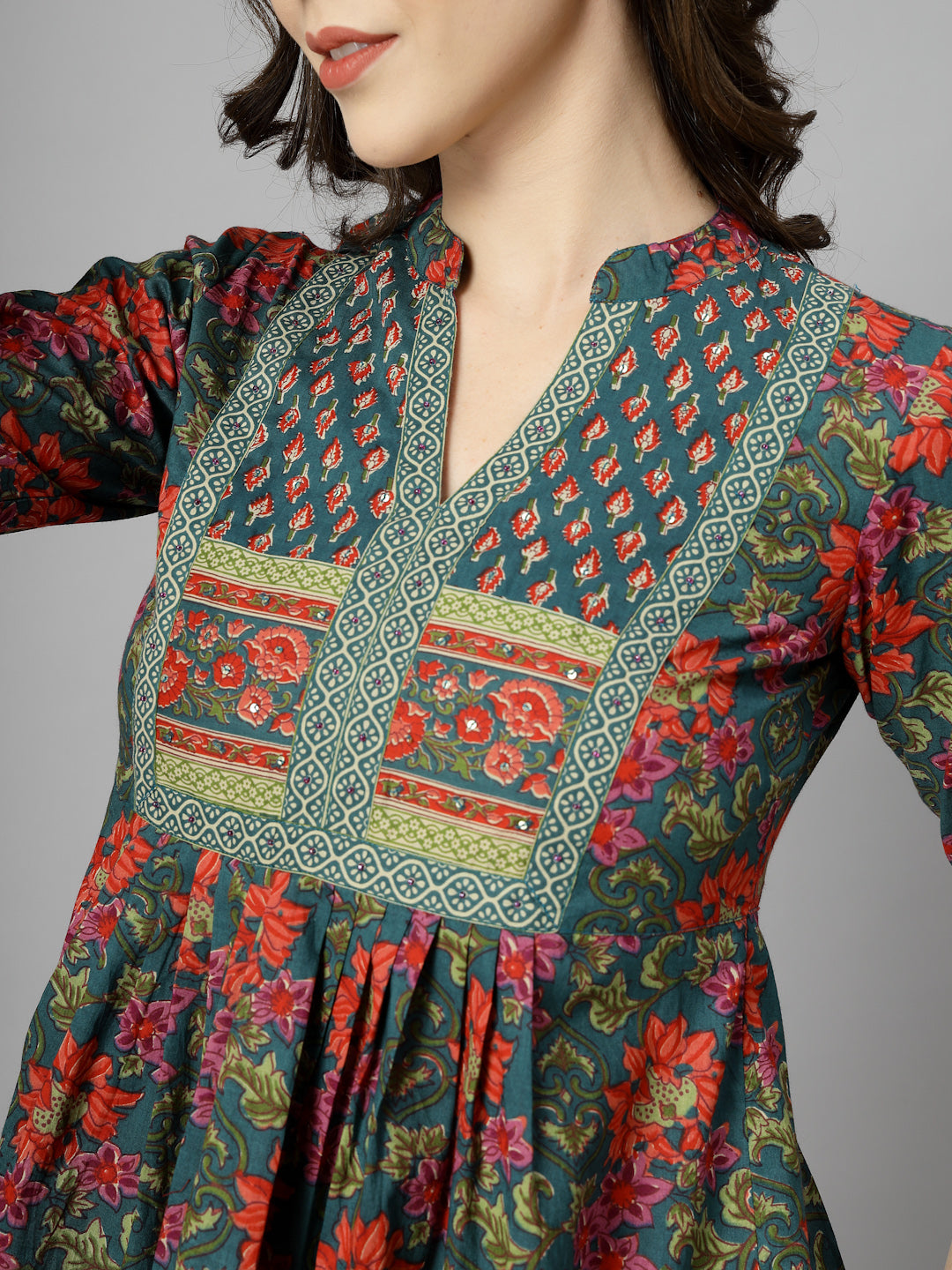 Floral Print Mandarin Collar Cotton Top