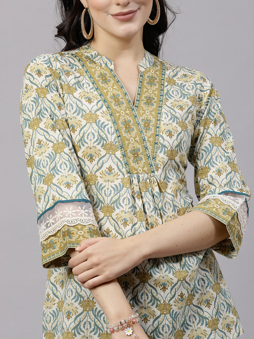 Green Printed Top with lace detail
