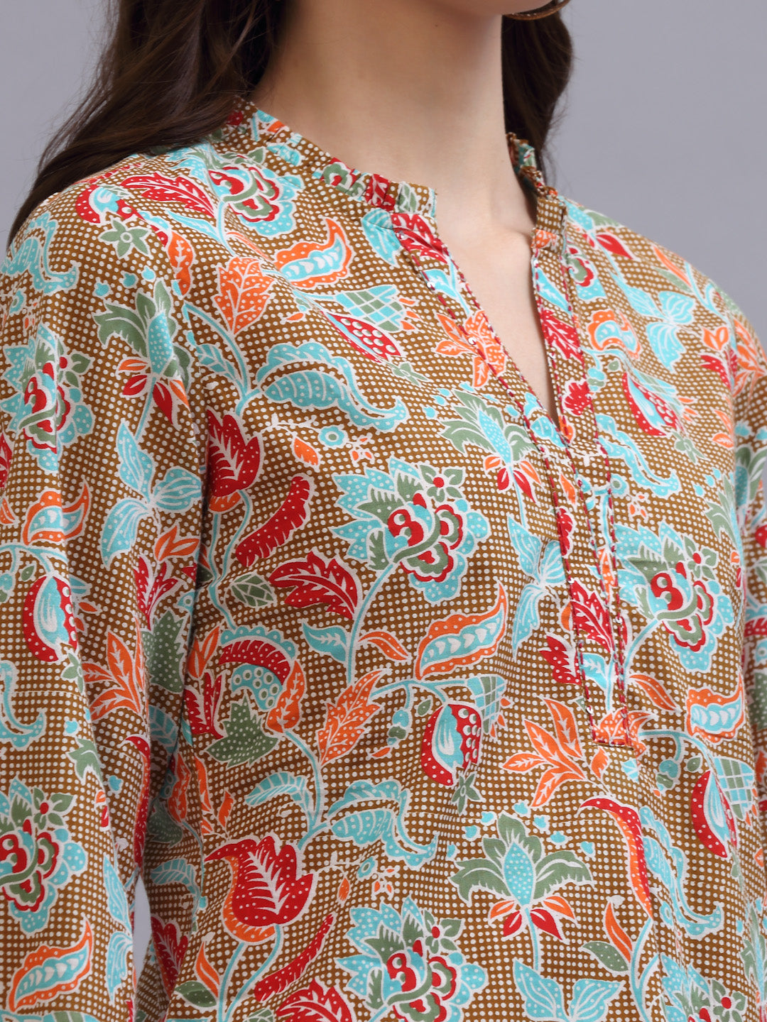 Khaki floral printed top with ruffles