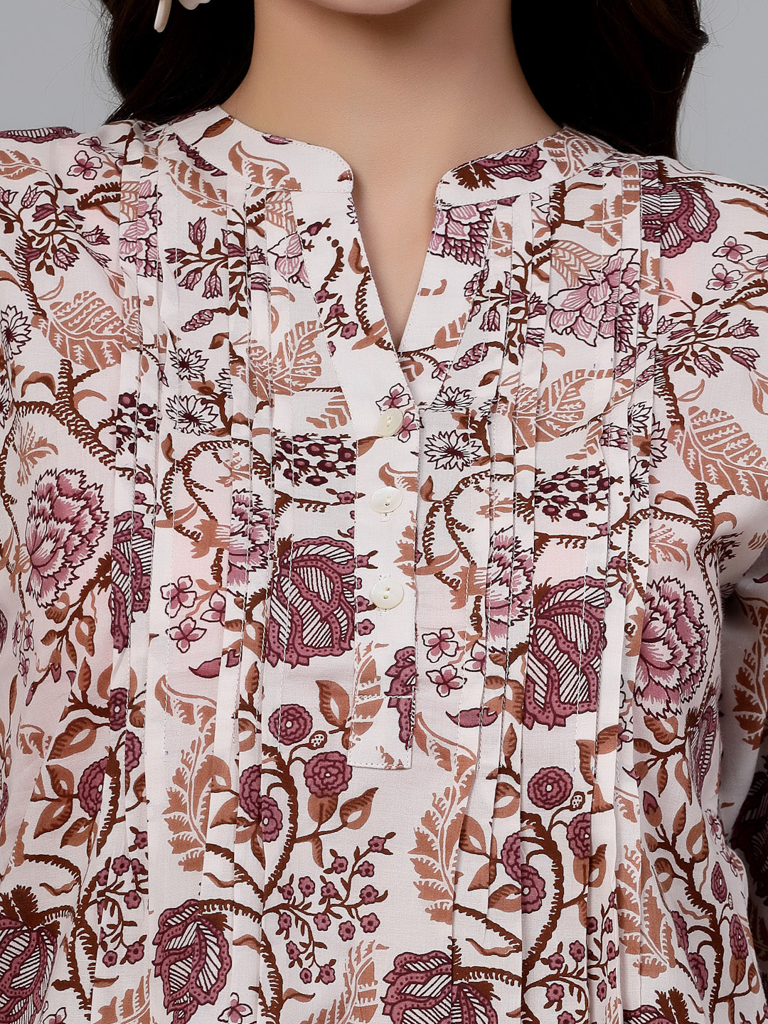 Offwhite printed top with pintucks detail