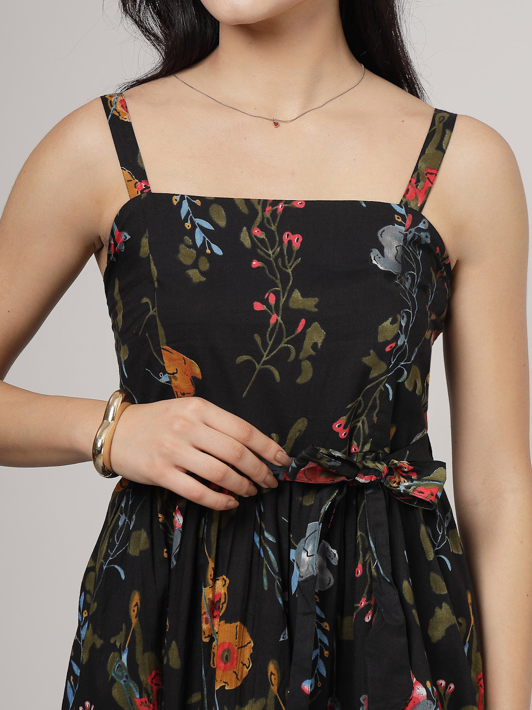 Black Multi-Floral Midi Cotton Dress